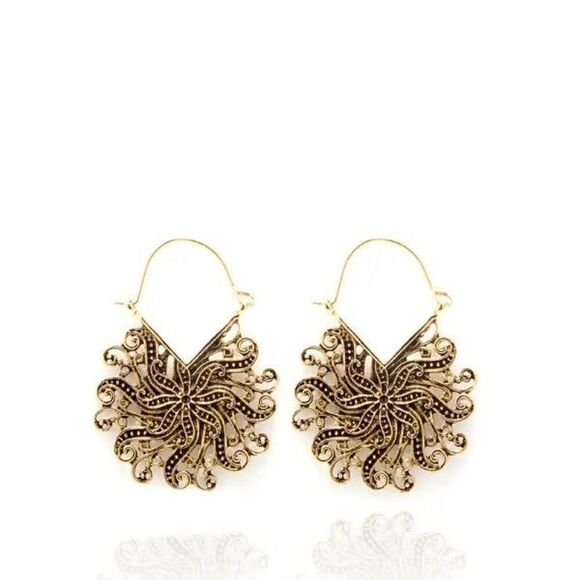 GOLD FLORAL BOHO DANGLE EARRINGS - Picture 1 of 5